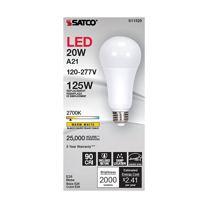 20A21/LED/927/120-277V/ND , Lamps , SATCO, A21,LED,Medium,Type A,Warm White,White