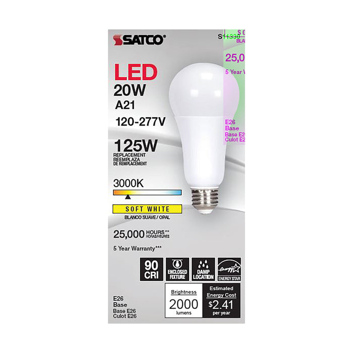 20A21/LED/930/120-277V/ND , Lamps , SATCO, A21,LED,Medium,Type A,Warm White,White