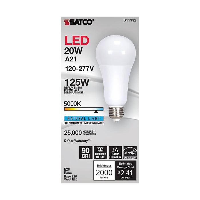20A21/LED/950/120-277V/ND , Lamps , SATCO, A21,LED,Medium,Natural Light,Type A,White
