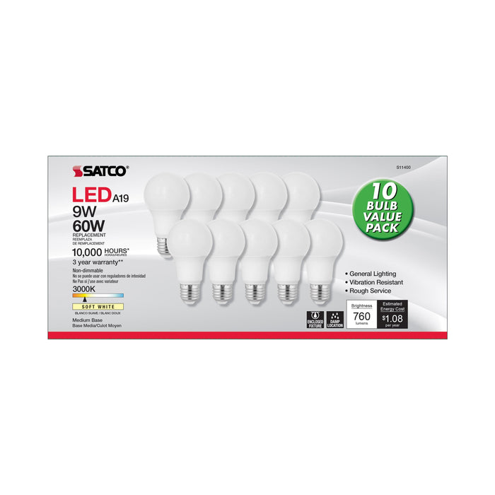 9A19/LED/E26/3K/120V/10PK , Lamps , SATCO, A19,Frost,LED,Medium,Soft White,Type A
