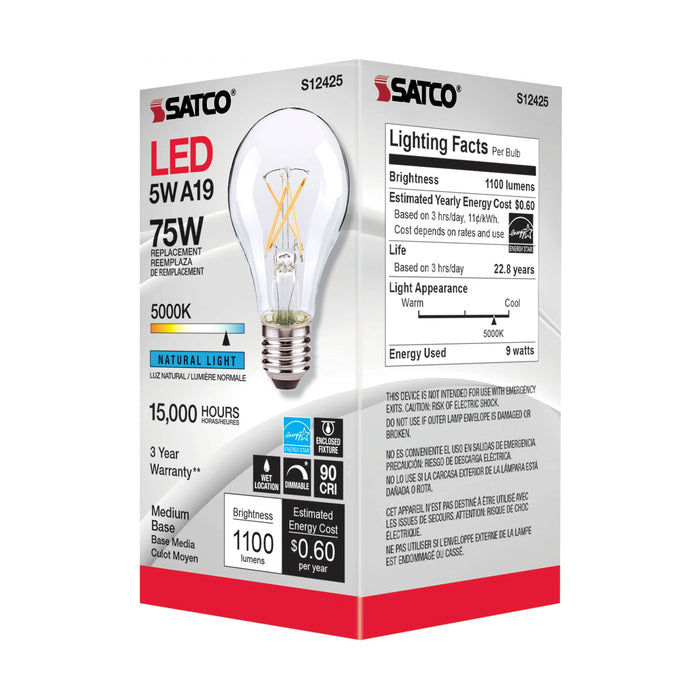 10.5A19/CL/LED/E26/950/120V , Lamps , SATCO, A19,Clear,LED,LED Filament,Medium,Natural Light,Type A