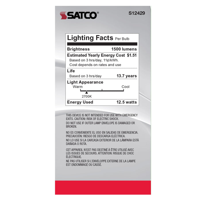 12.5A19/CL/LED/E26/927/120V , Lamps , SATCO, A19,Clear,LED,LED Filament,Medium,Type A,Warm White
