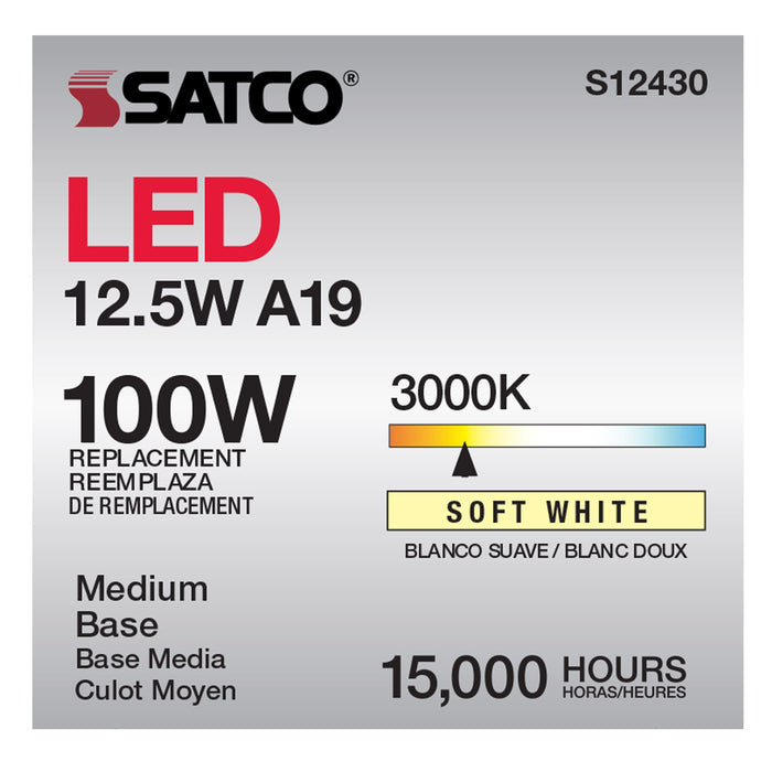 12.5A19/CL/LED/E26/930/120V , Lamps , SATCO, A19,Clear,LED,LED Filament,Medium,Soft White,Type A