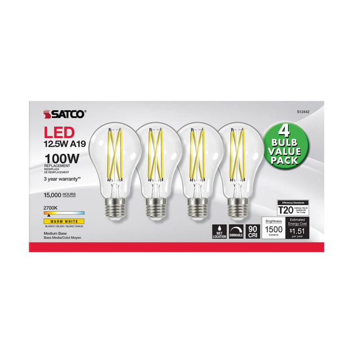 12.5A19/CL/LED/927/120V/4PK , Lamps , SATCO, A19,Clear,LED,LED Filament,Medium,Type A,Warm White
