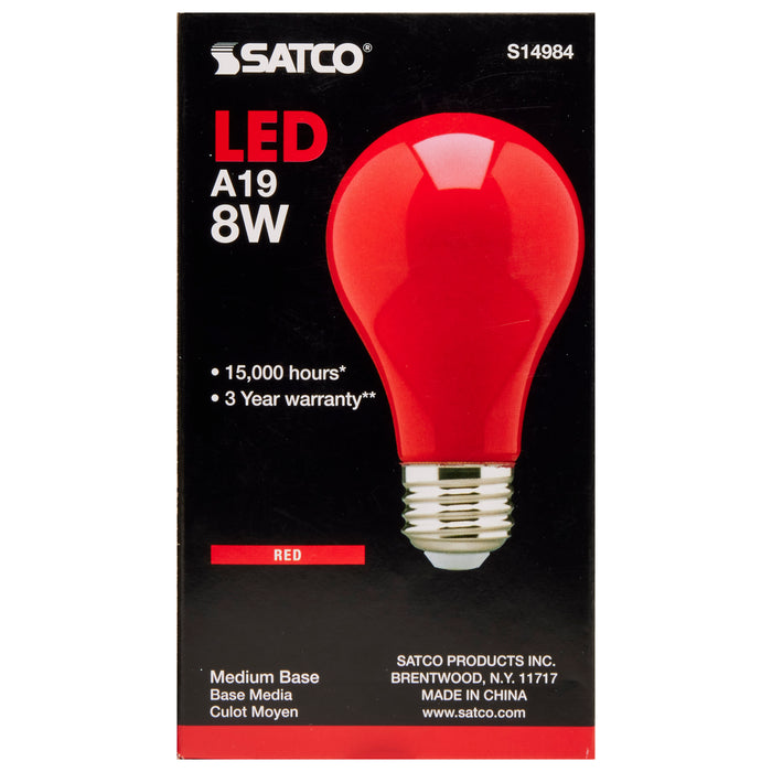 8A19/RED/LED/E26/120V , Lamps , SATCO, A19,Ceramic Red,LED,Medium,Type A