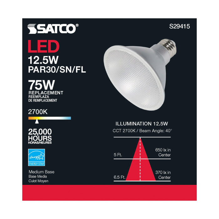 12.5PAR30/SN/LED/40'/927/120V , Lamps , SATCO, Clear,LED,LED PAR,Medium,PAR,PAR30SN,Warm White