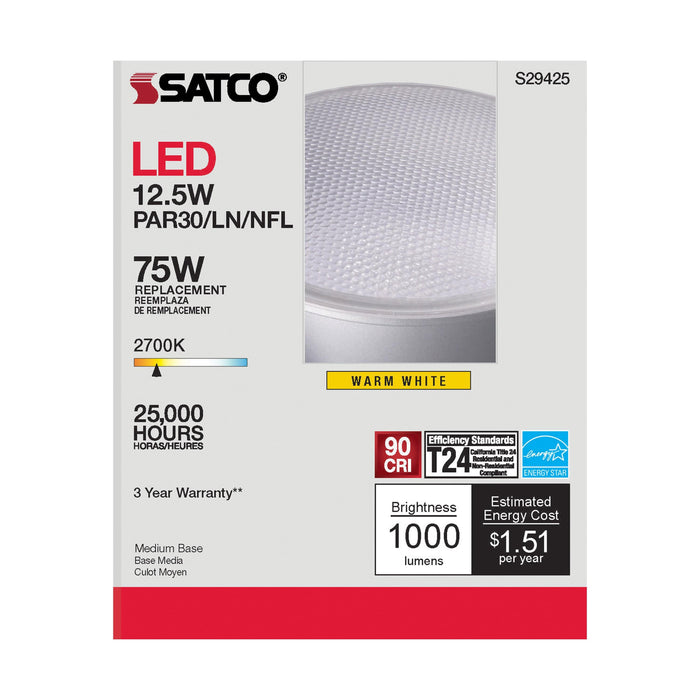 12.5PAR30/LN/LED/25'/927/120V , Lamps , SATCO, Clear,LED,LED PAR,Medium,PAR,PAR30LN,Warm White