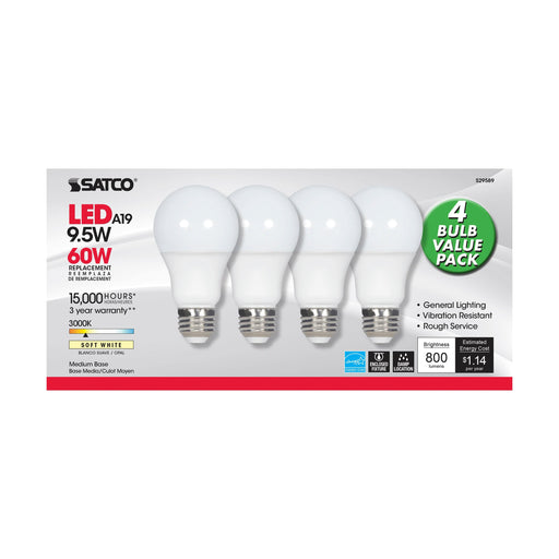 9.5A19/LED/30K/ND/120V/4PK , Lamps , SATCO, A19,Frost,LED,Medium,Type A,Warm White