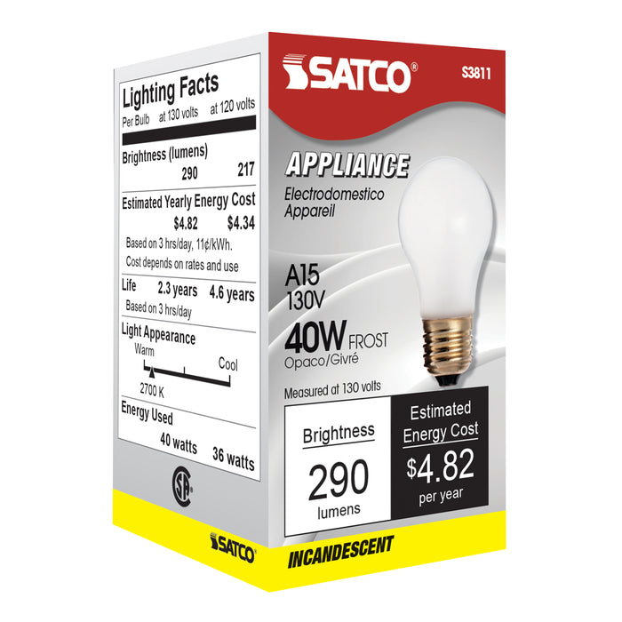 40A15 FROST BOXED 130V , Lamps , SATCO, A15,Frost,General Service,Incandescent,Medium,Type A,Warm White