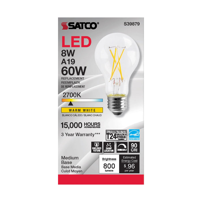 8A19/LED/927/CL/120V , Lamps , SATCO, A19,Clear,LED,LED Filament,Medium,Type A,Warm White