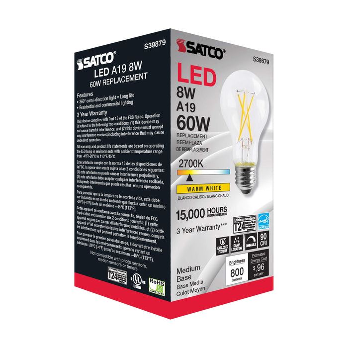 8A19/LED/927/CL/120V , Lamps , SATCO, A19,Clear,LED,LED Filament,Medium,Type A,Warm White