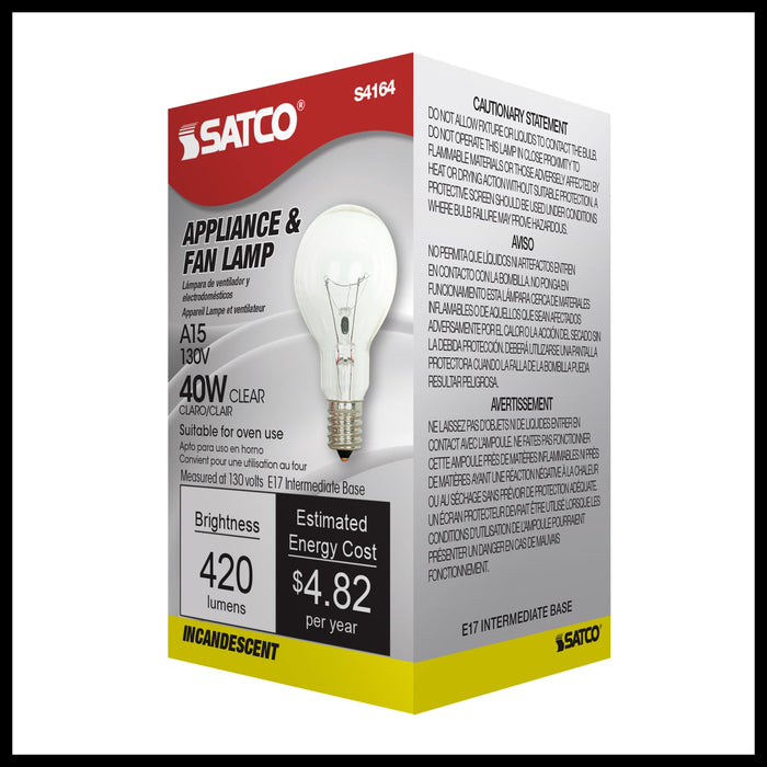 40A15 CLEAR E17 NICKEL PLATED , Lamps , SATCO, A15,Clear,General Service,Incandescent,Intermediate,Type A,Warm White