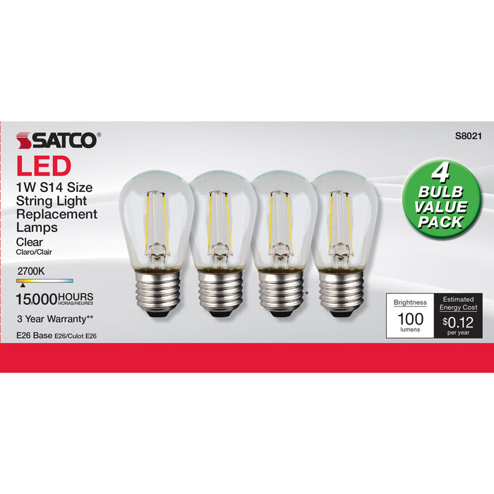 1W/LED/S14/CL/27K/120V/ND/4PK , Lamps , SATCO, Clear,LED,LED Filament,Medium,S14,String Light,Warm White