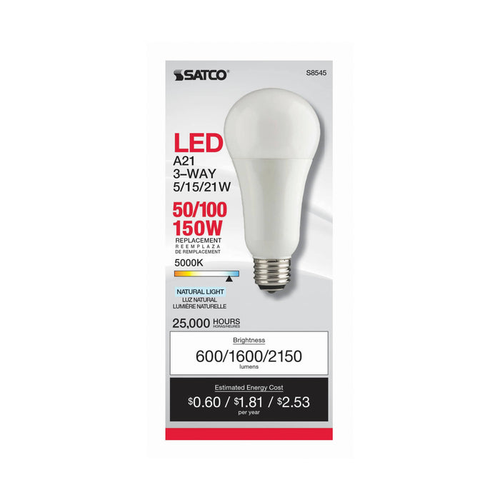 5/15/21A21/3-WAY/LED/50K , Lamps , SATCO, A21,Frost,LED,Medium,Natural Light,Type A