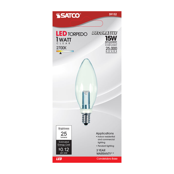 1W CTC/LED/120V/CD , Lamps , SATCO, BA9.5,Candelabra,Candle,Clear,Decorative LED,LED,Warm White