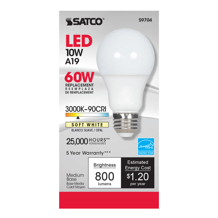 10A19/OMNI/LED/3K/90CRI , Lamps , SATCO, A19,Frost,LED,Medium,Soft White,Type A