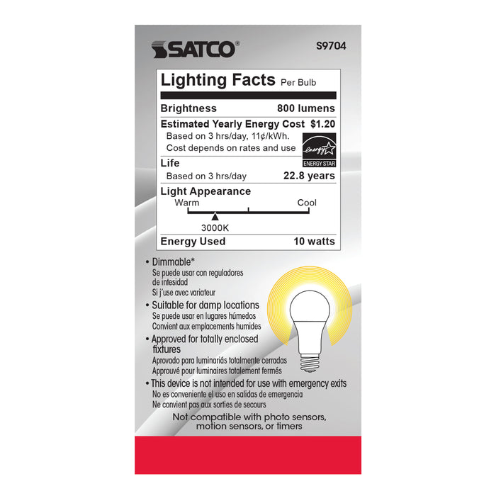 10A19/OMNI/LED/3K/90CRI , Lamps , SATCO, A19,Frost,LED,Medium,Soft White,Type A