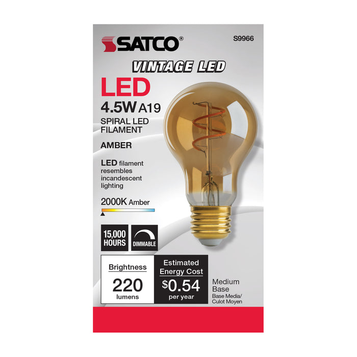 4.5A19/SPIRAL/LED/AMB/120V , Lamps , SATCO, A19,LED,LED Filament,Medium,Transparent Amber,Type A