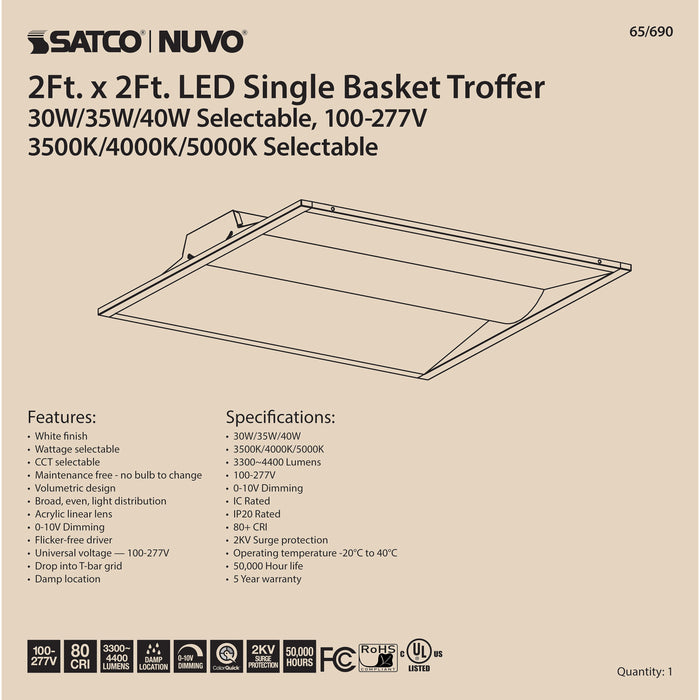2X2 SINGLE BASKET TROFFER , Fixtures , NUVO, Center Basket,Integrated,Integrated LED,LED,Troffer