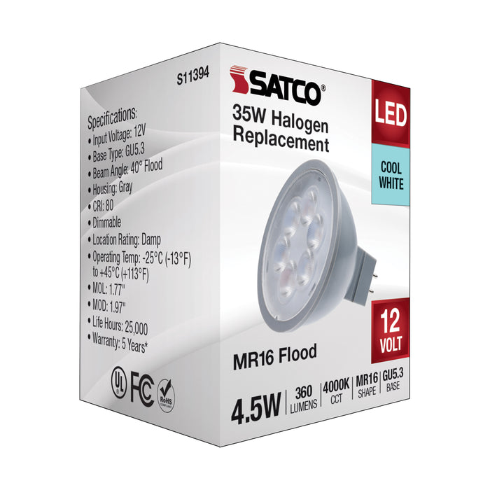 4.5MR16/LED/40'/840/12V , Lamps , SATCO, Bi Pin GU5.3,Cool White,Gray,LED,MR,MR LED,MR16