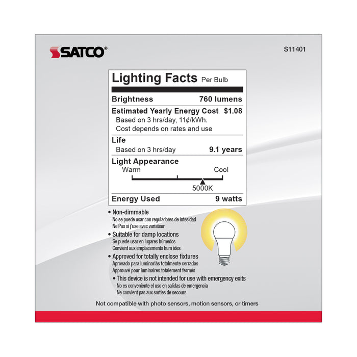 9A19/LED/E26/5K/120V/10PK , Lamps , SATCO, A19,Frost,LED,Medium,Natural Light,Type A