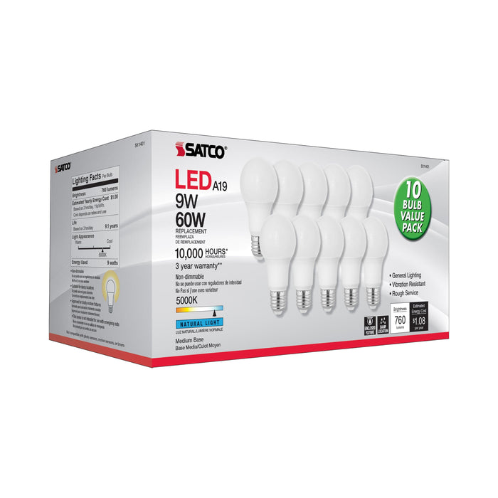 9A19/LED/E26/5K/120V/10PK , Lamps , SATCO, A19,Frost,LED,Medium,Natural Light,Type A
