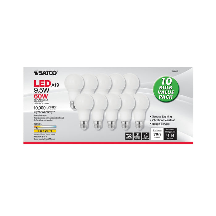 9.5A19/LED/930/120V/90CRI/10PK , Lamps , SATCO, A19,Frost,LED,Medium,Type A,Warm White