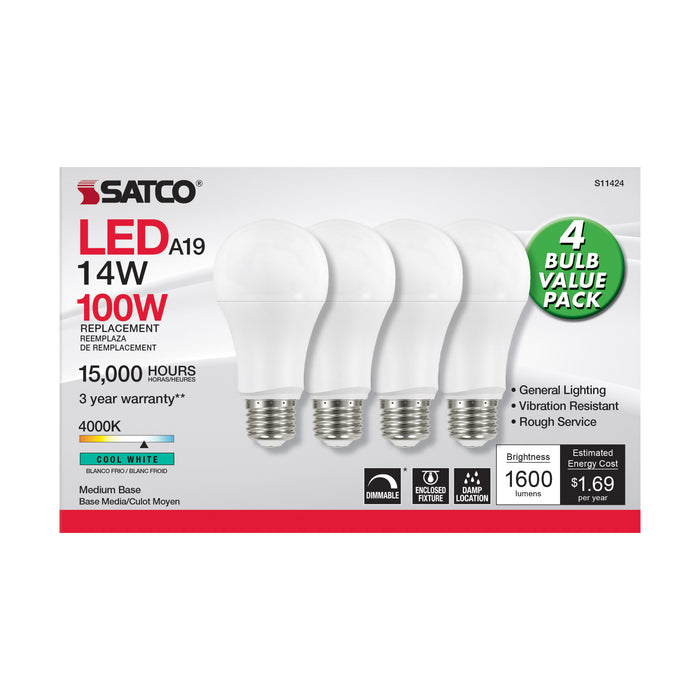 14A19/LED/840/120V/D/4PK , Lamps , SATCO, A19,Cool White,Frost,LED,Medium,Type A