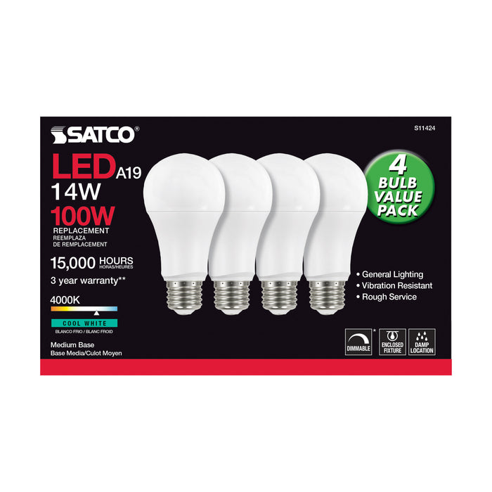 14A19/LED/840/120V/D/4PK , Lamps , SATCO, A19,Cool White,Frost,LED,Medium,Type A