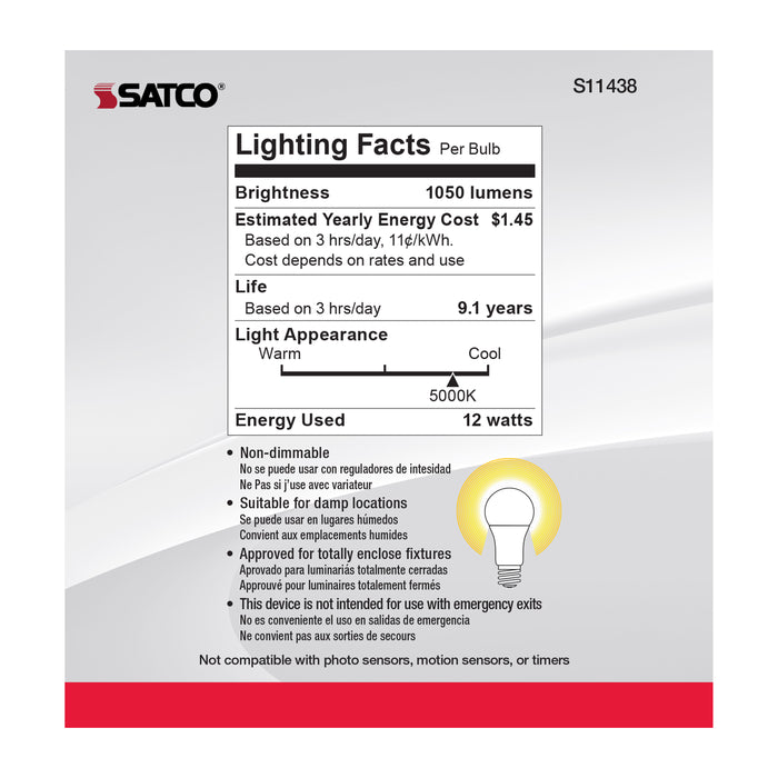 12A19/LED/E26/850/120V/10PK , Lamps , SATCO, A19,LED,Medium,Natural Light,Type A,White