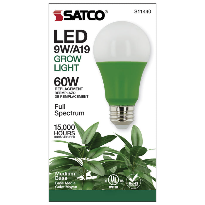9A19/LED/GROW/120V , Lamps , SATCO, A19,Green,LED,Medium,Type A