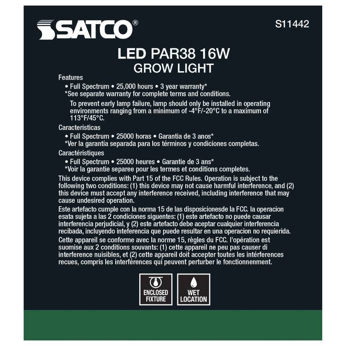 16PAR38/LED/GROW/120V , Lamps , SATCO, LED,LED PAR,Medium,Neutral White,PAR,PAR38,White