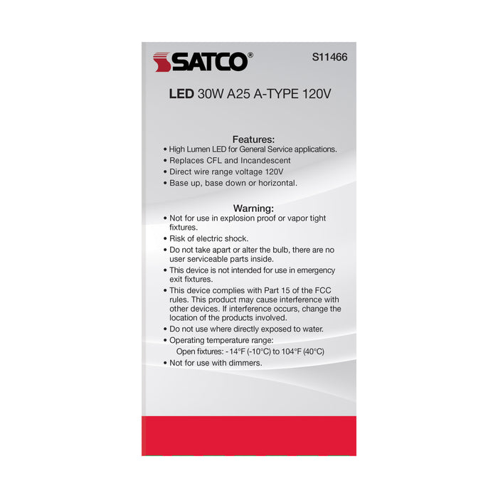 30A25/LED/840/120V/ND , Lamps , SATCO, A25,Cool White,HID Replacements,LED,Medium,White