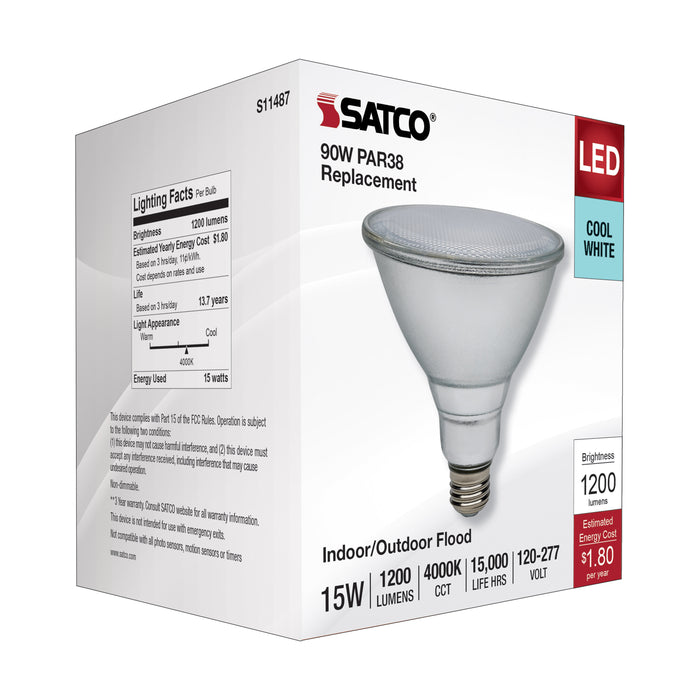 15PAR38/LED/40'/940/120V-277V , Lamps , SATCO, Cool White,LED,LED PAR,Medium,PAR,PAR38,Silver