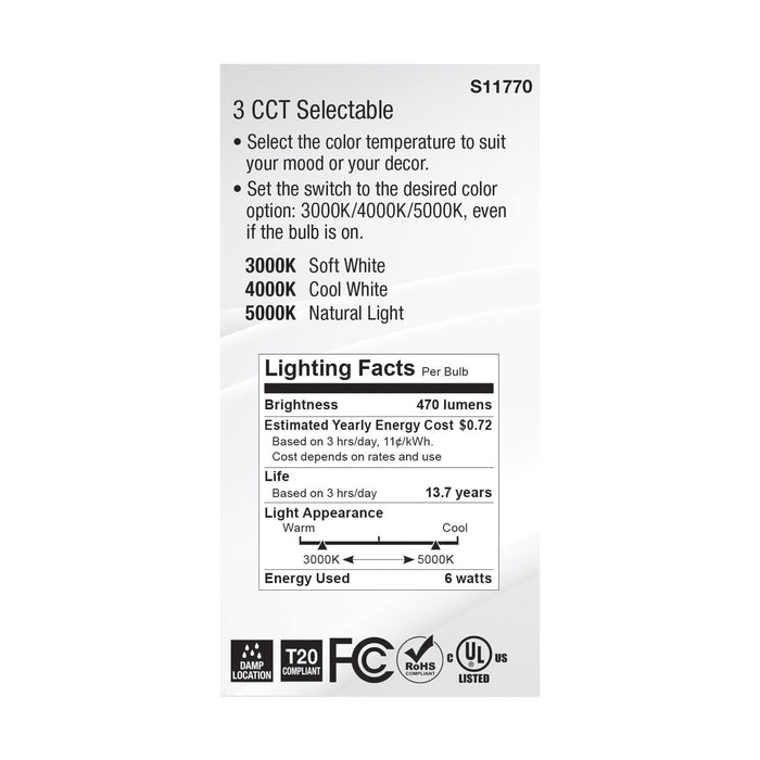 6A19/LED/3CCT/E26/120V , Lamps , SATCO, A19,LED,Medium,Type A,Warm White to Natural Light,White