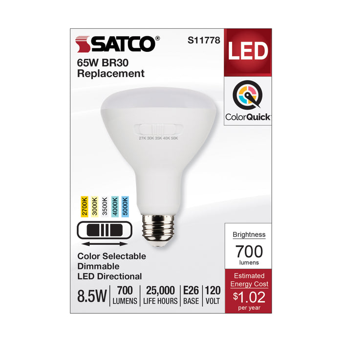 8.5BR30/LED/5CCT/E26/120V , Lamps , SATCO, BR & R LED,BR30,LED,Medium,Reflector,Warm White to Natural Light,White