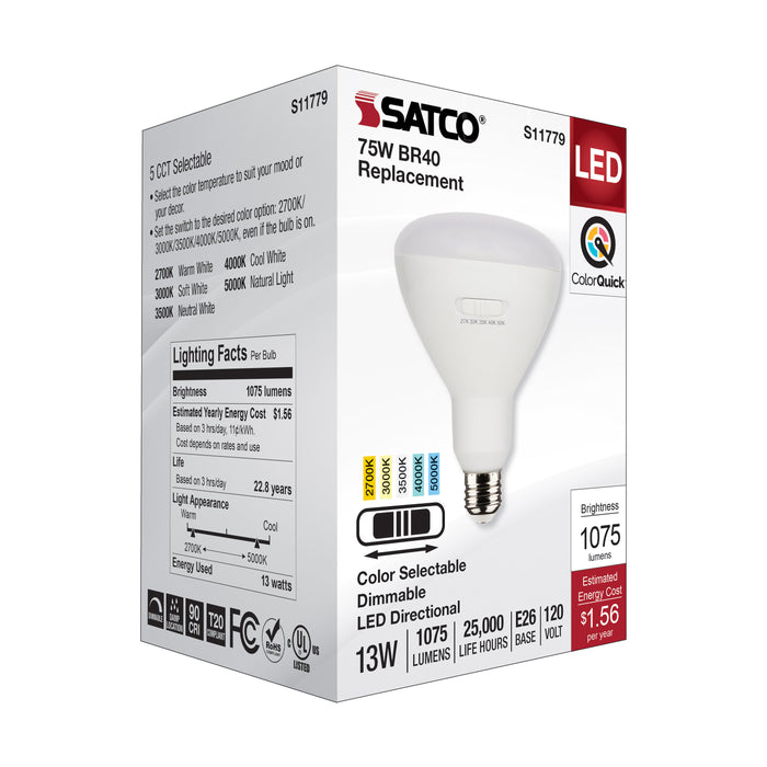13BR40/LED/5CCT/E26/120V , Lamps , SATCO, BR & R LED,BR40,LED,Medium,Reflector,Warm White to Natural Light,White