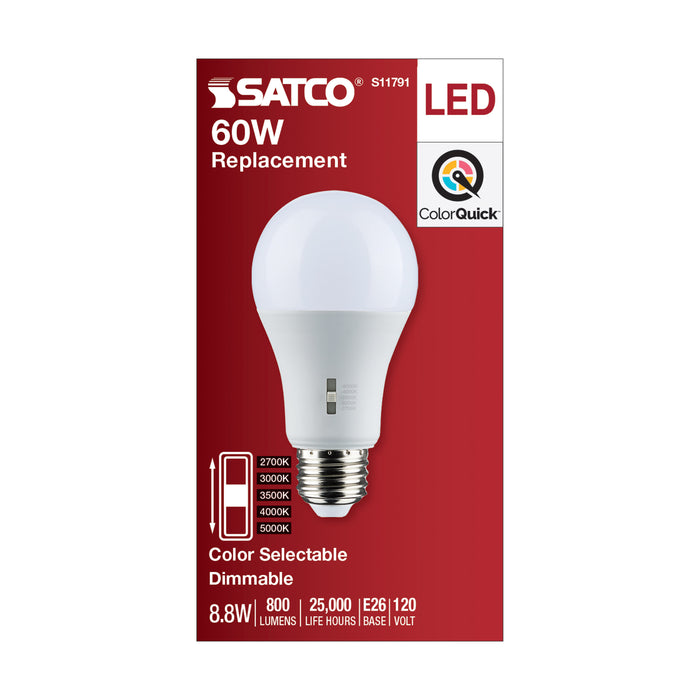 8.8A19/LED/5CCT/E26/120V , Lamps , SATCO, A19,LED,Medium,Type A,Warm White to Natural Light,White