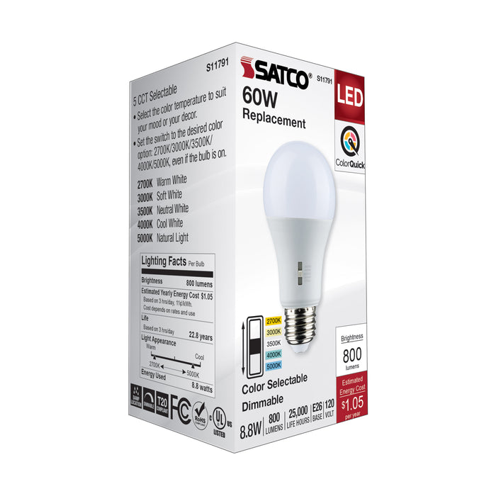 8.8A19/LED/5CCT/E26/120V , Lamps , SATCO, A19,LED,Medium,Type A,Warm White to Natural Light,White