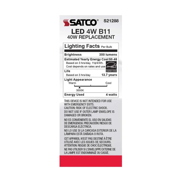 SATCO 4 Watt B11 LED - Frost - Medium base - 90 CRI - 3000K - 120 Volt S21288