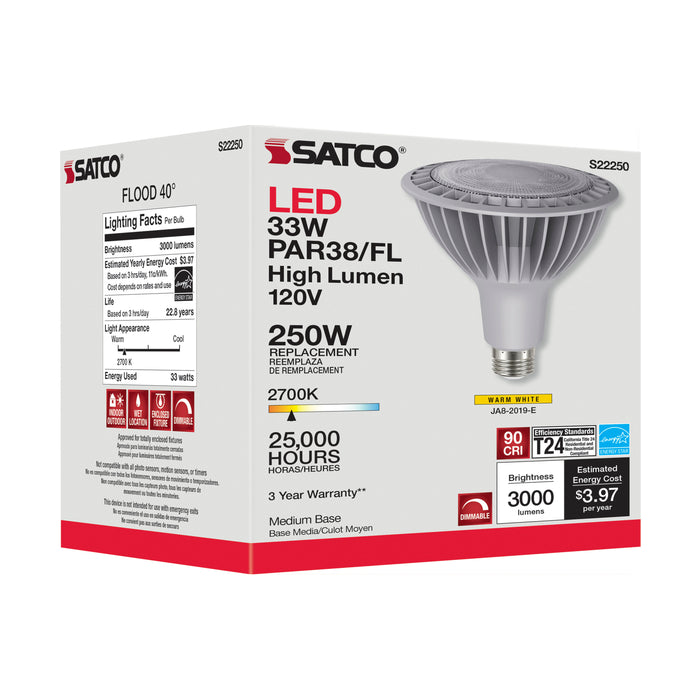 33PAR38/LED/927/HL/120V/FL/D , Lamps , SATCO, LED,LED PAR,Medium,PAR,PAR38,Silver,Warm White