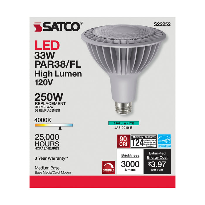 33PAR38/LED/940/HL/120V/FL/D , Lamps , SATCO, Cool White,LED,LED PAR,Medium,PAR,PAR38,Silver