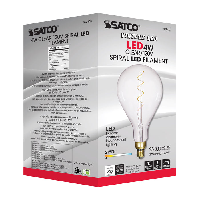 4PS52/LED/CL/E26/VINTAGE/120V , Lamps , SATCO, Clear,LED,LED Filament,Medium,PS52,Vintage