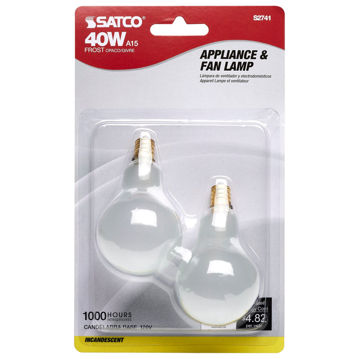 40A15/FROST 120V E12 2PER CARD , Lamps , SATCO, A15,Candelabra,Frost,General Service,Incandescent,Type A,Warm White