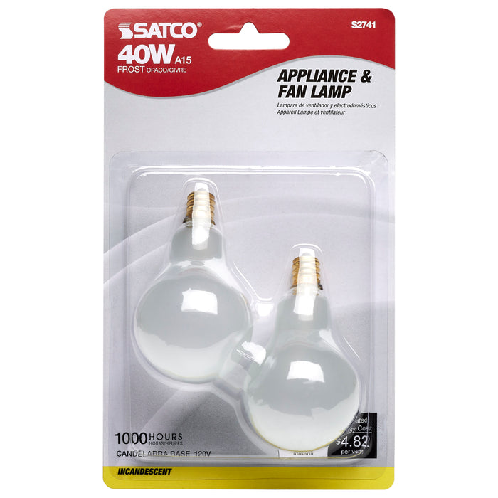 40A15/FROST 120V E12 2PER CARD , Lamps , SATCO, A15,Candelabra,Frost,General Service,Incandescent,Type A,Warm White