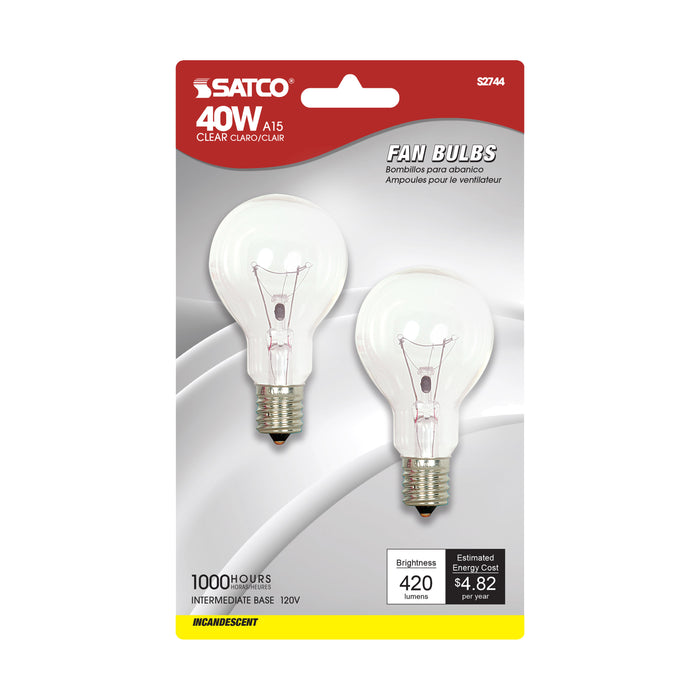 40A15/CLEAR 120V INT 2/CD , Lamps , SATCO, A15,Clear,General Service,Incandescent,Intermediate,Type A,Warm White