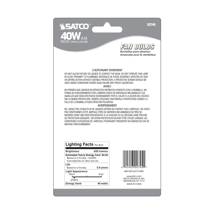 40A15/FROST 120V INT 2/CD , Lamps , SATCO, A15,Frost,General Service,Incandescent,Intermediate,Type A,Warm White