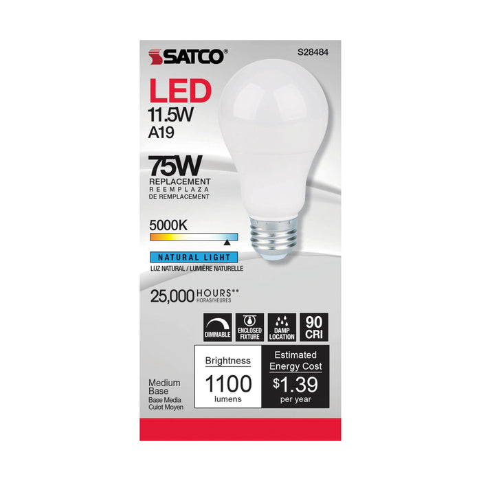 11.5A19LED/950/120V , Lamps , SATCO, A19,LED,Medium,Natural Light,Type A,White