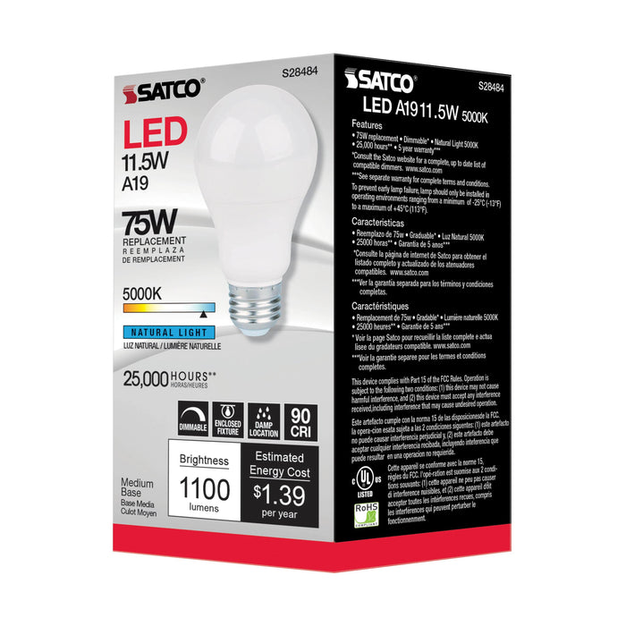 11.5A19LED/950/120V , Lamps , SATCO, A19,LED,Medium,Natural Light,Type A,White