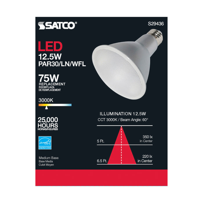 12.5PAR30/LN/LED/60'/930/120V , Lamps , SATCO, Clear,LED,LED PAR,Medium,PAR,PAR30LN,Soft White